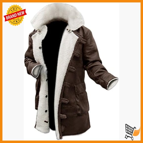 Men's Faux Leather Trench Coat with Faux Shearling Lining Slim Fit